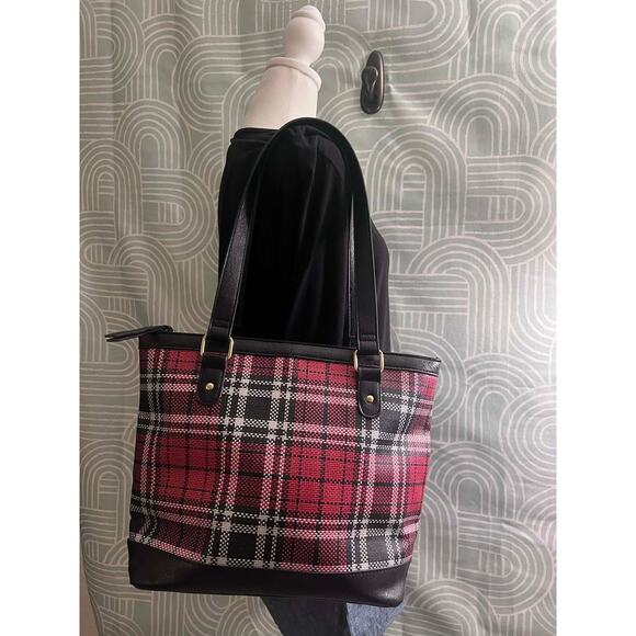 Bueno Handbags - Bueno Red Plaid Tote Bag Faux leather Trim Shoulder Bag Large Zip Top